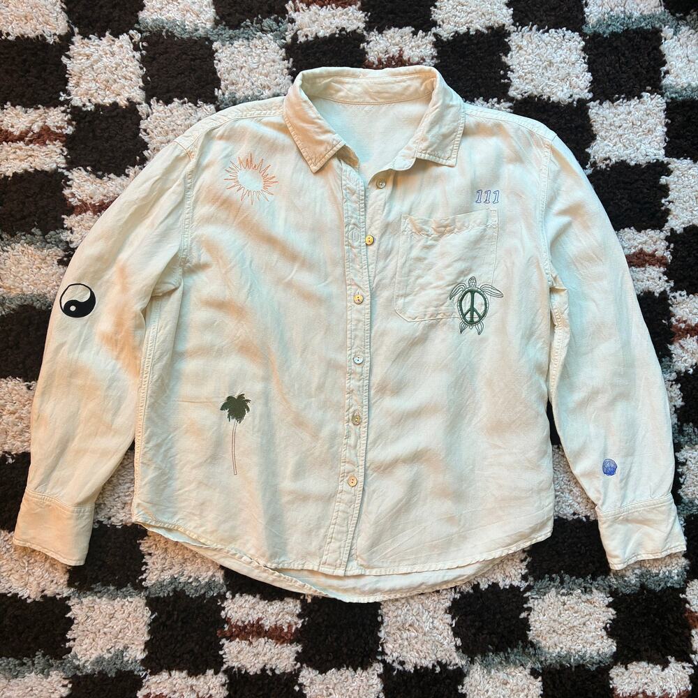 Spiritual Gangster Beaudry Linen Button Down Shirt Cream Embroidered Boho Size S